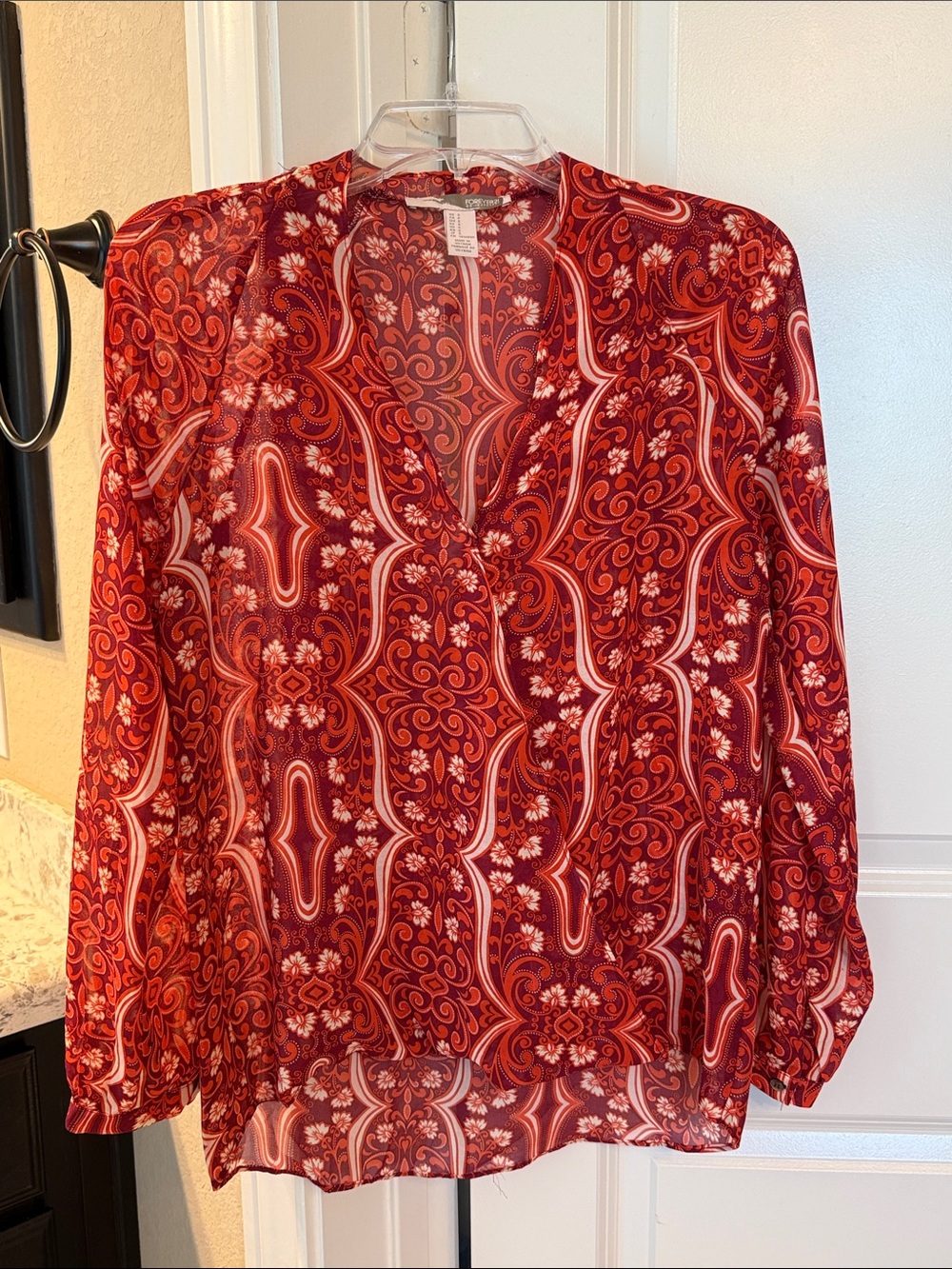 Forever 21 contemporary orange maroon cream abstract paisley sheer blouse fall